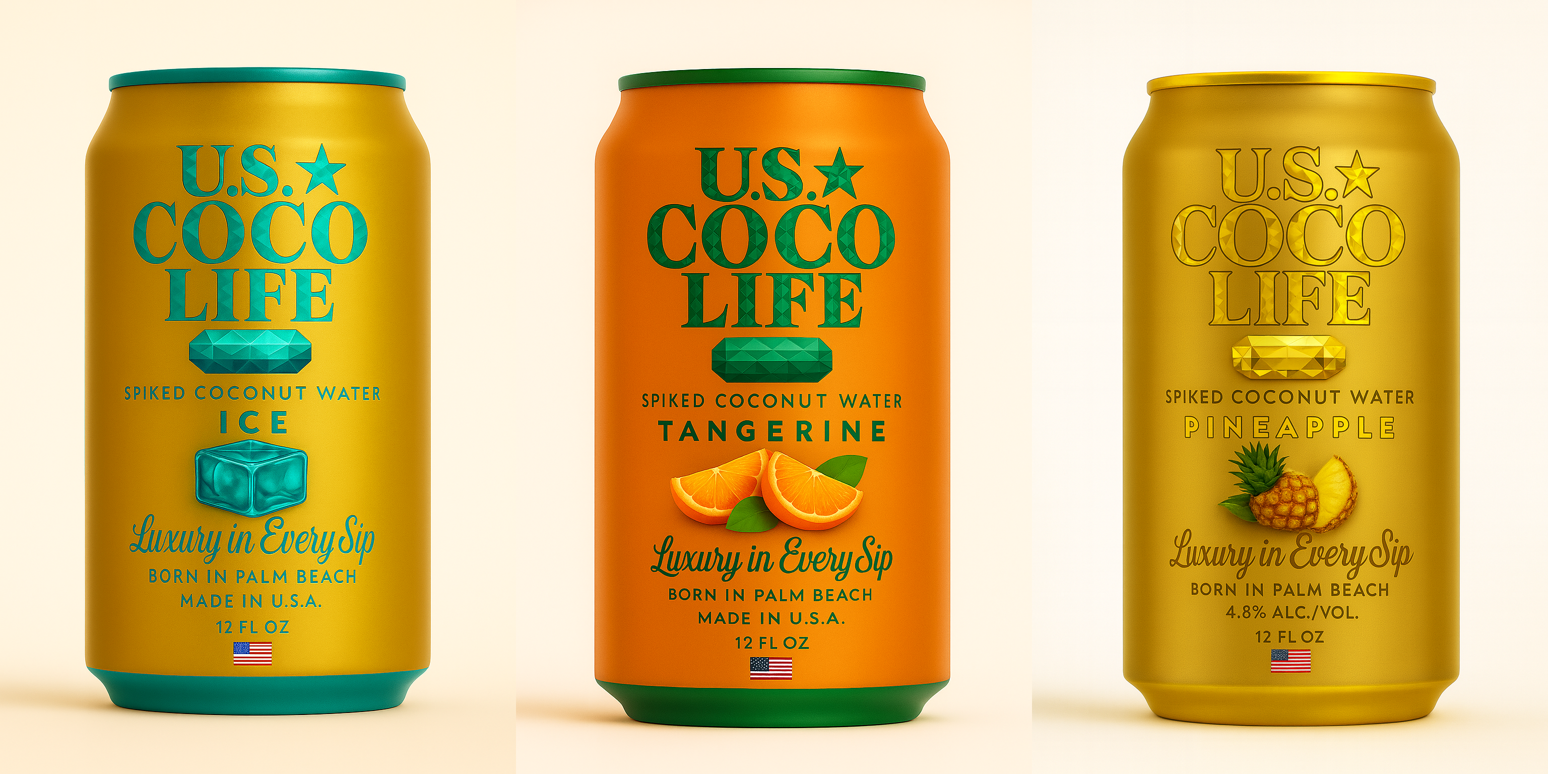 U.S. COCO LIFE Gold Edition 5-can lineup – Coconut Ice, Tangerine, Raspberry, Blueberry, Pineapple